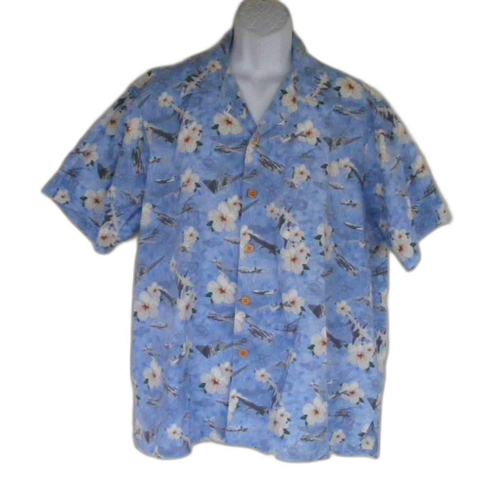 KAMP SHIRT Hawaiian Button Down, XL, Planes, Logos
